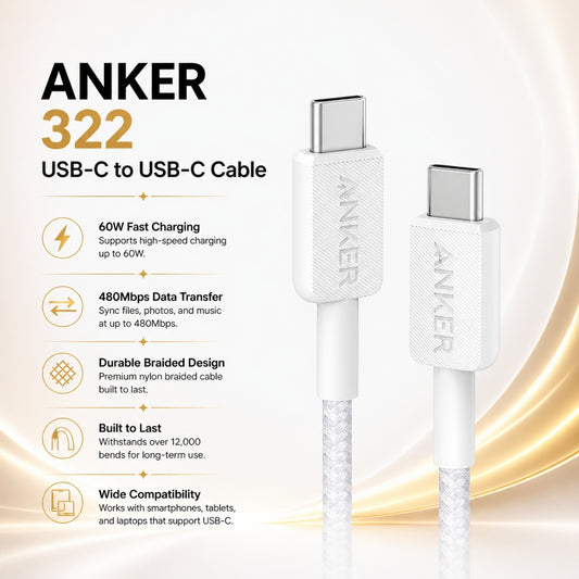 Anker 322 كابل USB-C إلى USB-C (1.8 متر، مضفر) – أبيض